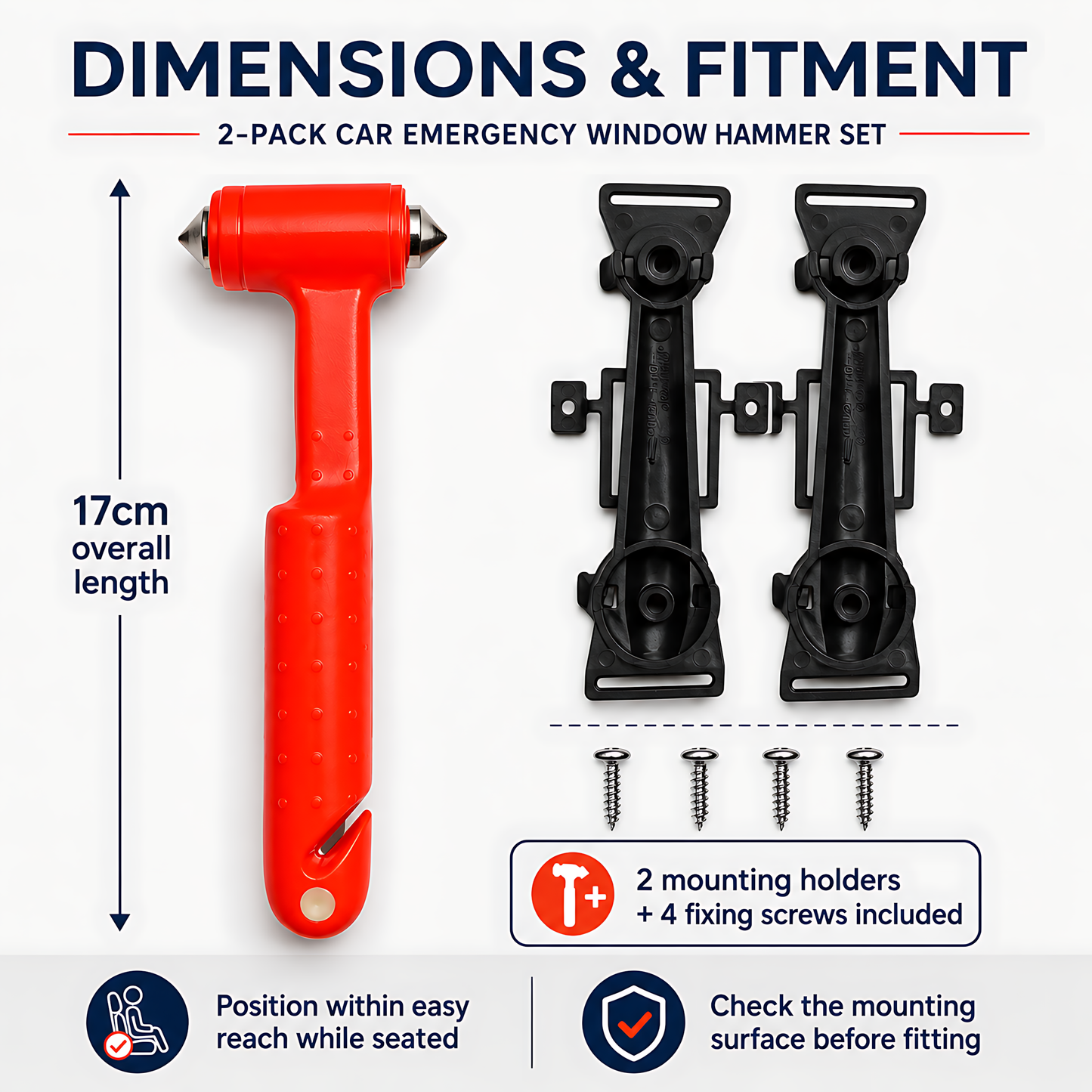 2 x Car Emergency Window Hammer 17cm with Seat Belt Cutter and Mounting Holder - Recessed Safety Blade, Pointed Breaker Head