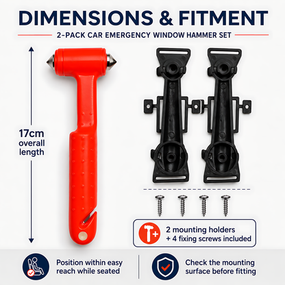 2 x Car Emergency Window Hammer 17cm with Seat Belt Cutter and Mounting Holder - Recessed Safety Blade, Pointed Breaker Head