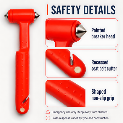 2 x Car Emergency Window Hammer 17cm with Seat Belt Cutter and Mounting Holder - Recessed Safety Blade, Pointed Breaker Head