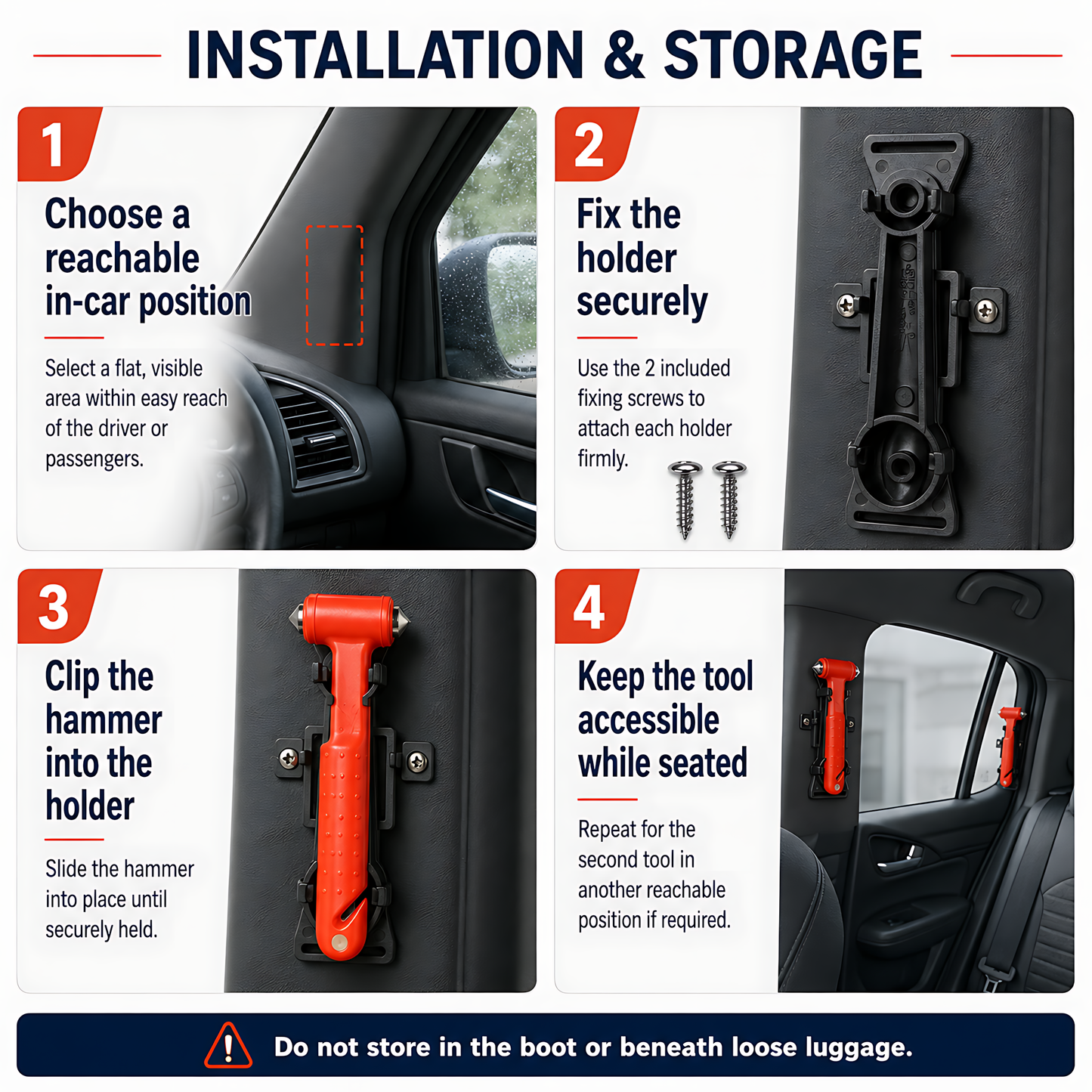 2 x Car Emergency Window Hammer 17cm with Seat Belt Cutter and Mounting Holder - Recessed Safety Blade, Pointed Breaker Head