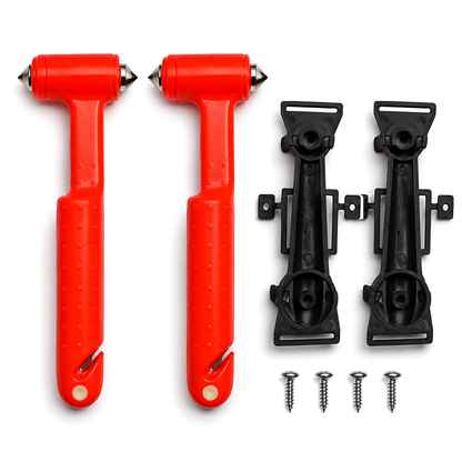 2 x Car Emergency Window Hammer 17cm with Seat Belt Cutter and Mounting Holder - Recessed Safety Blade, Pointed Breaker Head