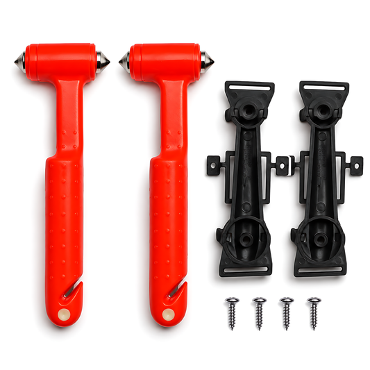 2 x Car Emergency Window Hammer 17cm with Seat Belt Cutter and Mounting Holder - Recessed Safety Blade, Pointed Breaker Head