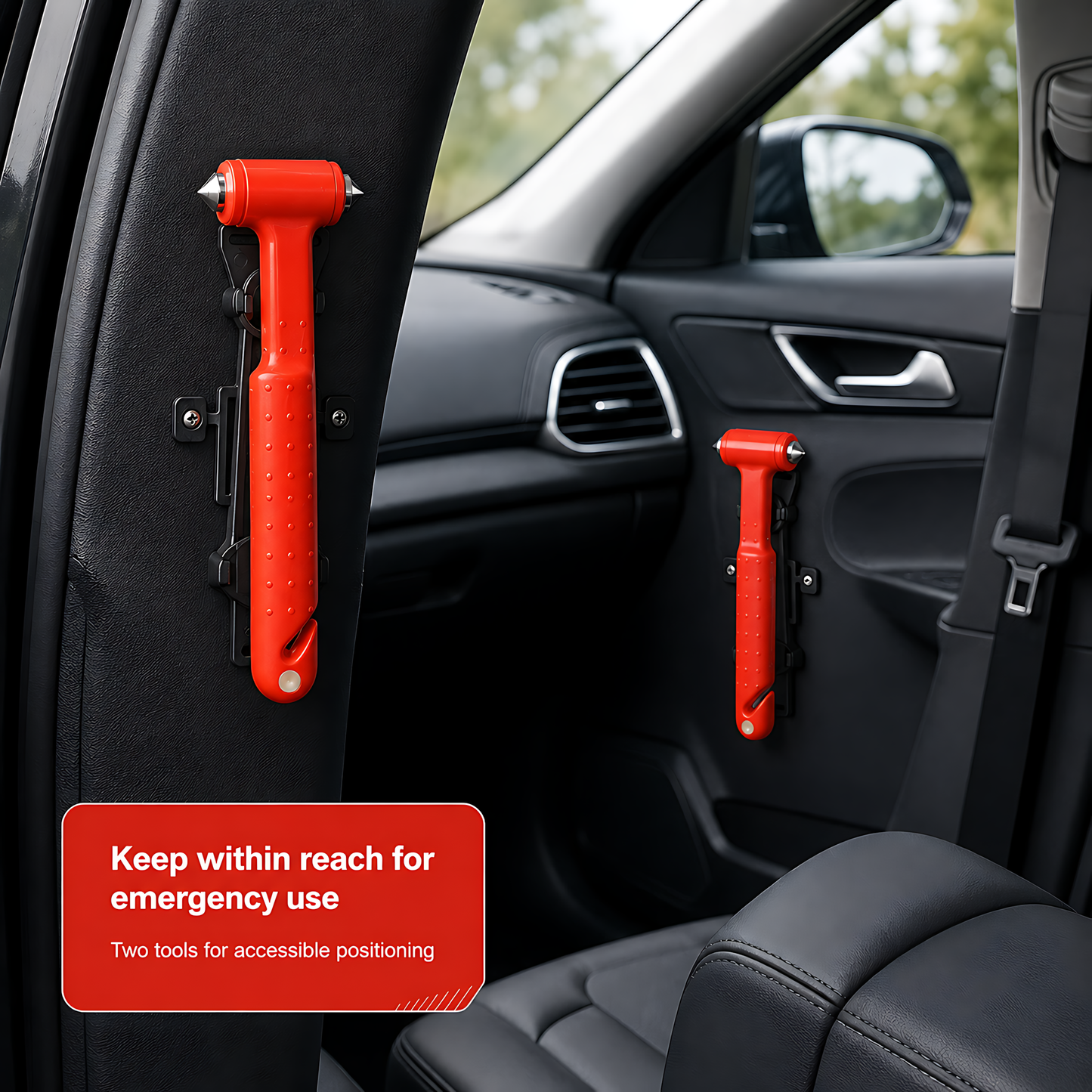 2 x Car Emergency Window Hammer 17cm with Seat Belt Cutter and Mounting Holder - Recessed Safety Blade, Pointed Breaker Head