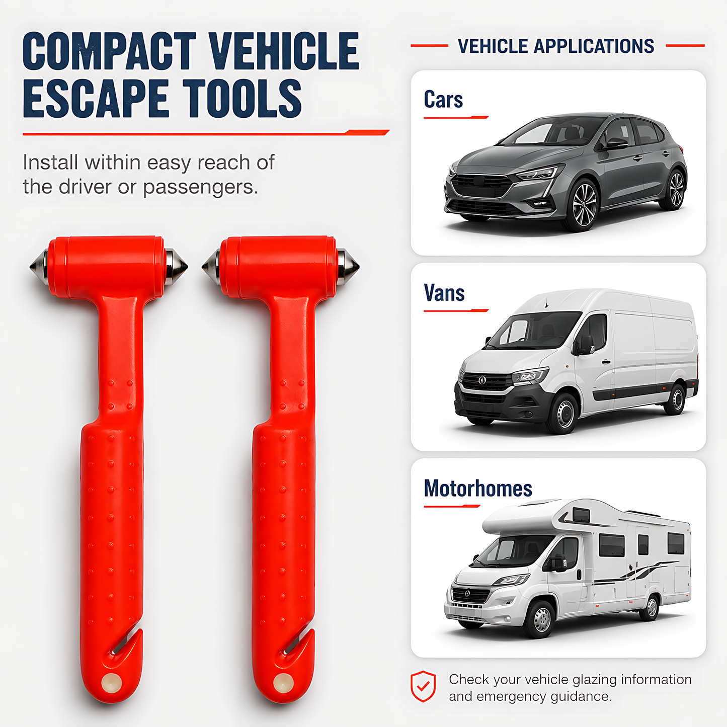 2 x Car Emergency Window Hammer 17cm with Seat Belt Cutter and Mounting Holder - Recessed Safety Blade, Pointed Breaker Head