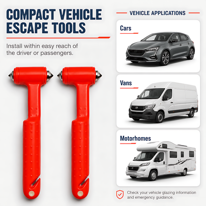 2 x Car Emergency Window Hammer 17cm with Seat Belt Cutter and Mounting Holder - Recessed Safety Blade, Pointed Breaker Head