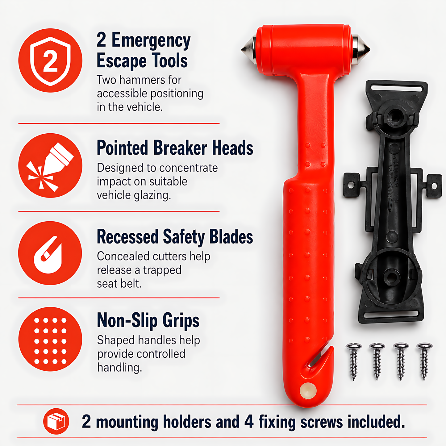 2 x Car Emergency Window Hammer 17cm with Seat Belt Cutter and Mounting Holder - Recessed Safety Blade, Pointed Breaker Head