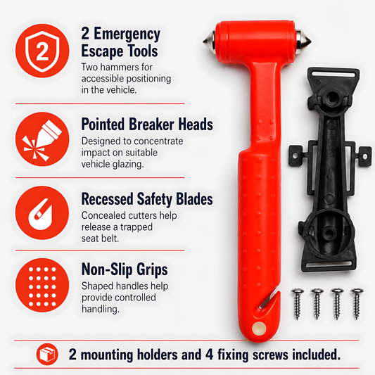 2 x Car Emergency Window Hammer 17cm with Seat Belt Cutter and Mounting Holder - Recessed Safety Blade, Pointed Breaker Head