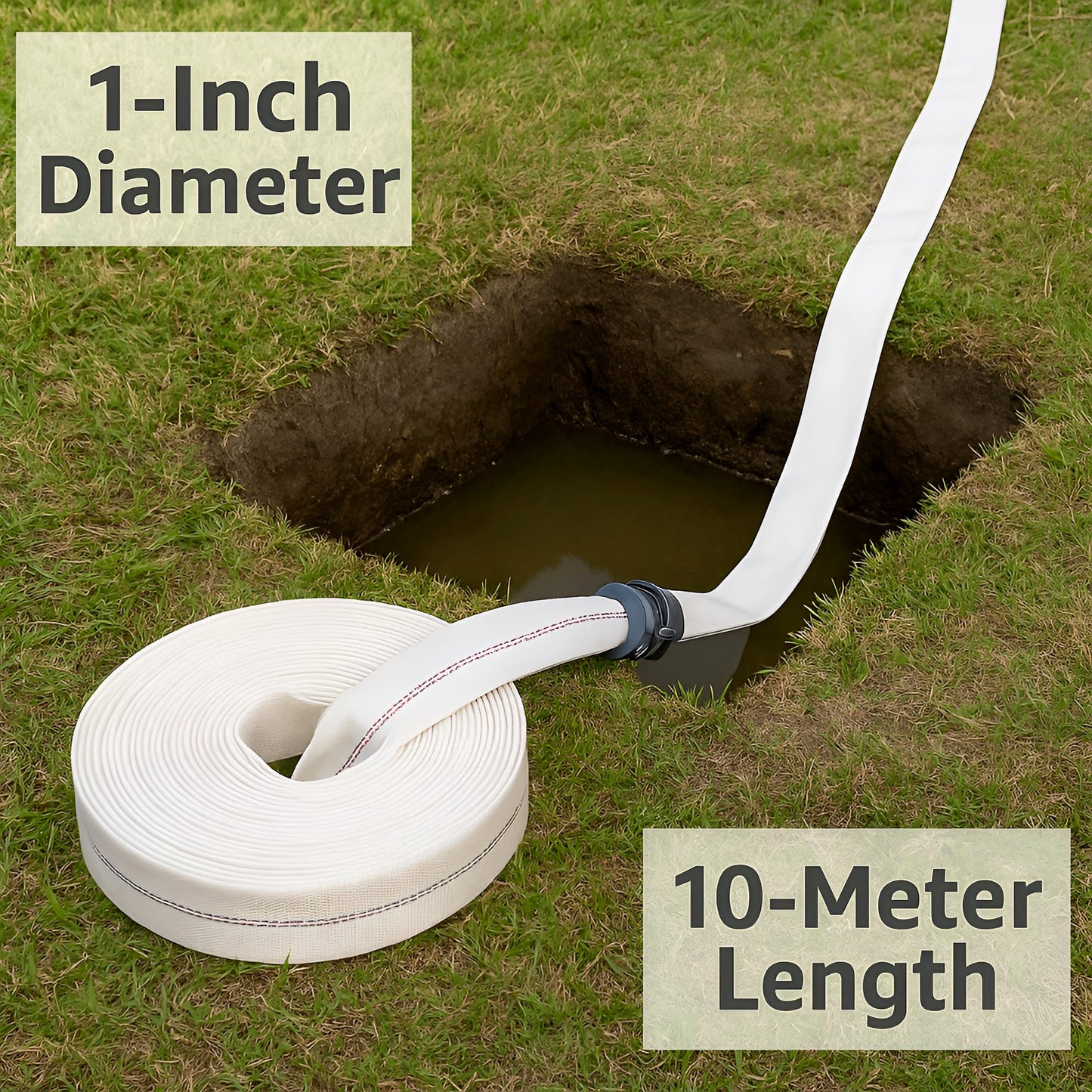 Lay Flat Hose Set 25 mm / 1 inch x 10 m with Repair Joiner & 2 Clips - 8 Bar Working Pressure - Flexible Flat Water Discharge Hose