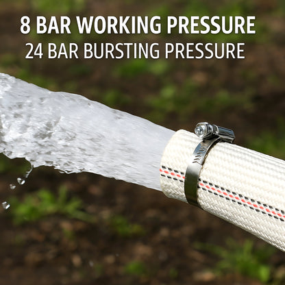 Lay Flat Hose Set 25 mm / 1 inch x 10 m with Repair Joiner & 2 Clips - 8 Bar Working Pressure - Flexible Flat Water Discharge Hose