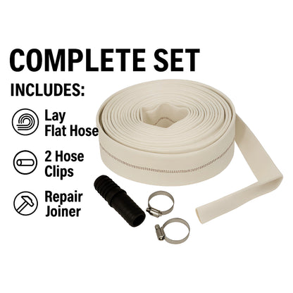 Lay Flat Hose Set 25 mm / 1 inch x 10 m with Repair Joiner & 2 Clips - 8 Bar Working Pressure - Flexible Flat Water Discharge Hose