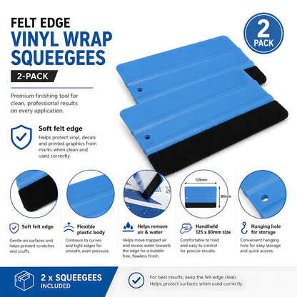 2 x Felt Edge Vinyl Wrap Squeegee 125 x 80mm for Car Decals, Window Film, Vinyl Wraps, Graphics and Stickers Applicator