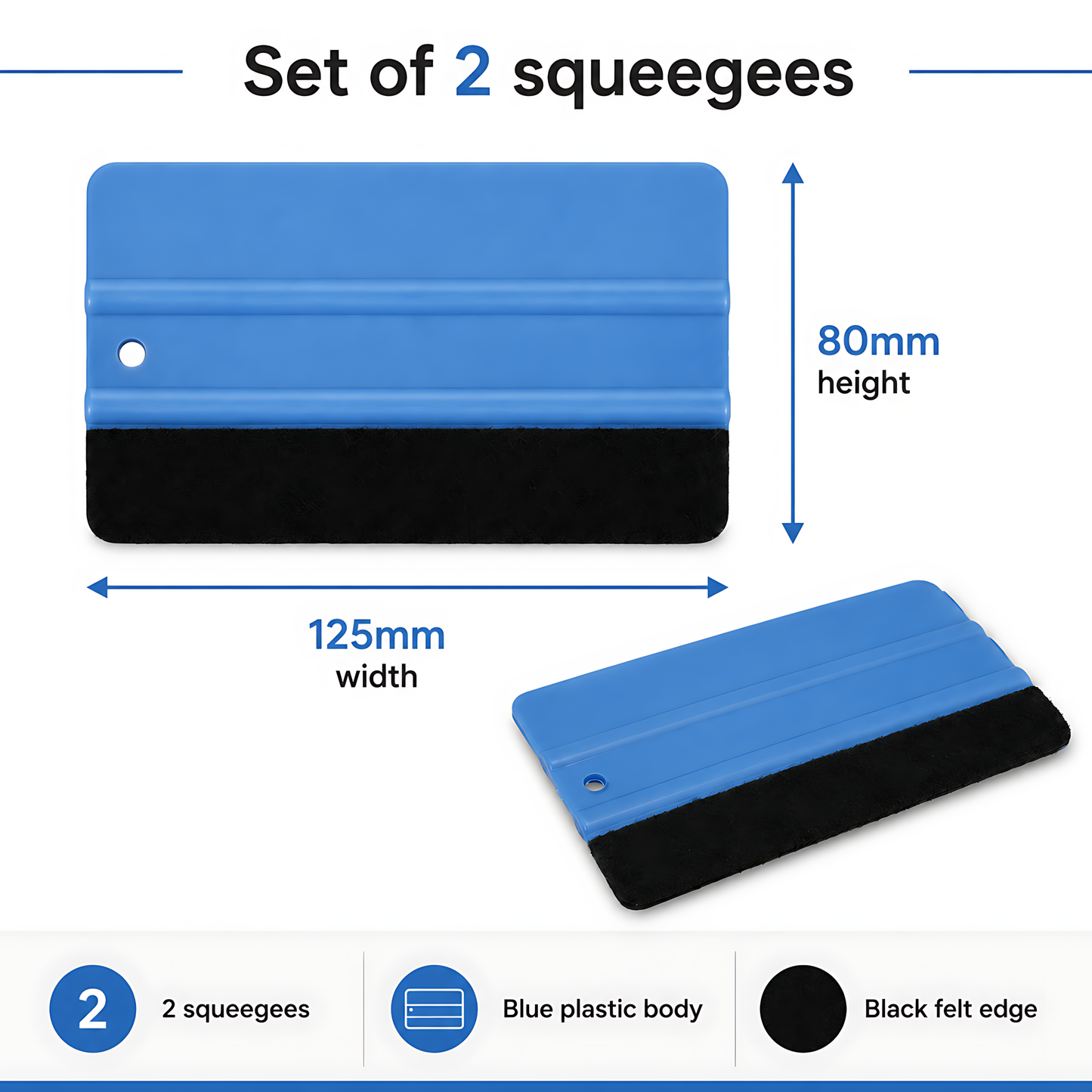 2 x Felt Edge Vinyl Wrap Squeegee 125 x 80mm for Car Decals, Window Film, Vinyl Wraps, Graphics and Stickers Applicator