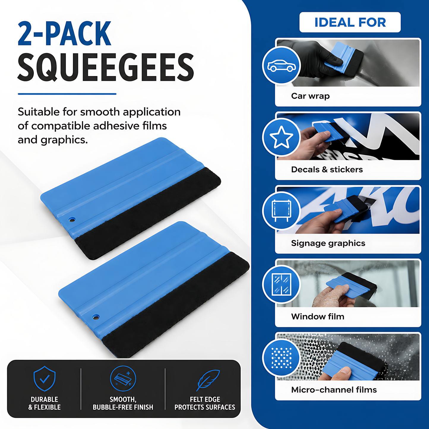 2 x Felt Edge Vinyl Wrap Squeegee 125 x 80mm for Car Decals, Window Film, Vinyl Wraps, Graphics and Stickers Applicator