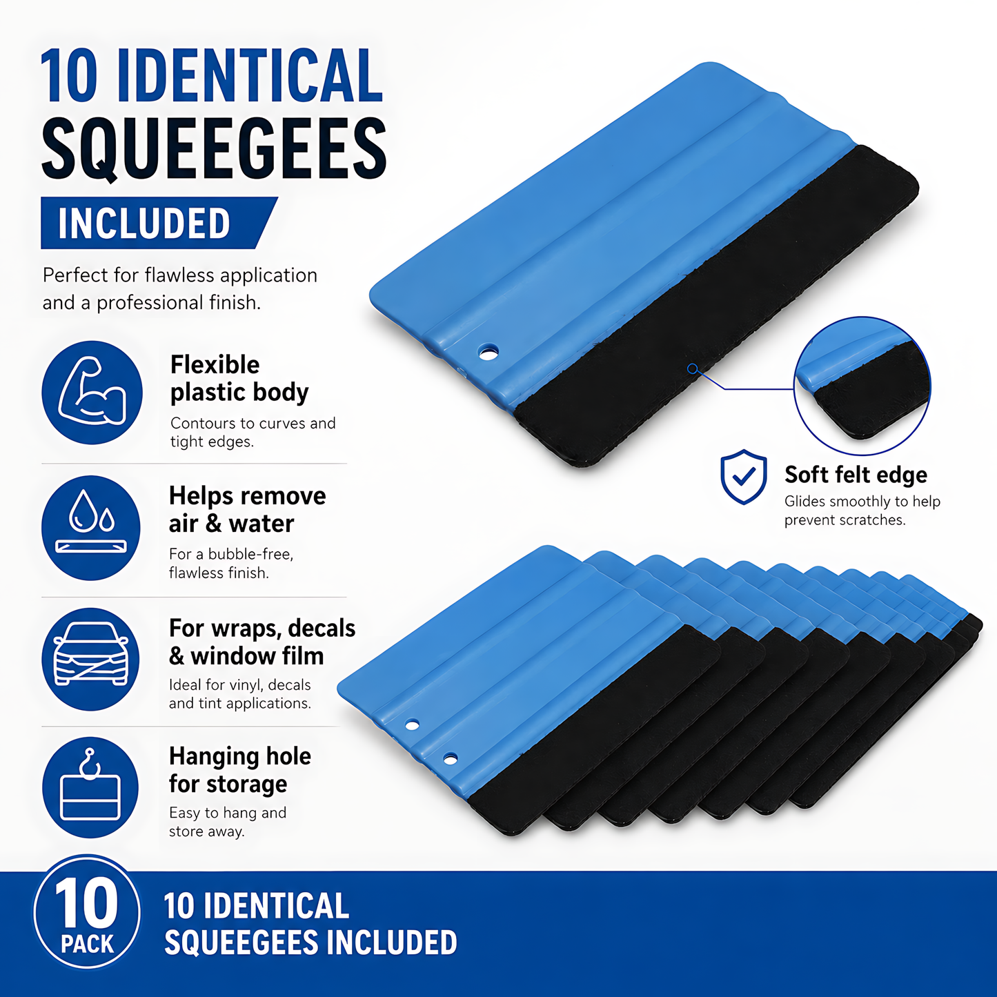 10 x Felt Edge Vinyl Wrap Squeegee 125 x 80mm for Car Decals, Window Film, Vinyl Wraps, Graphics and Stickers Applicator