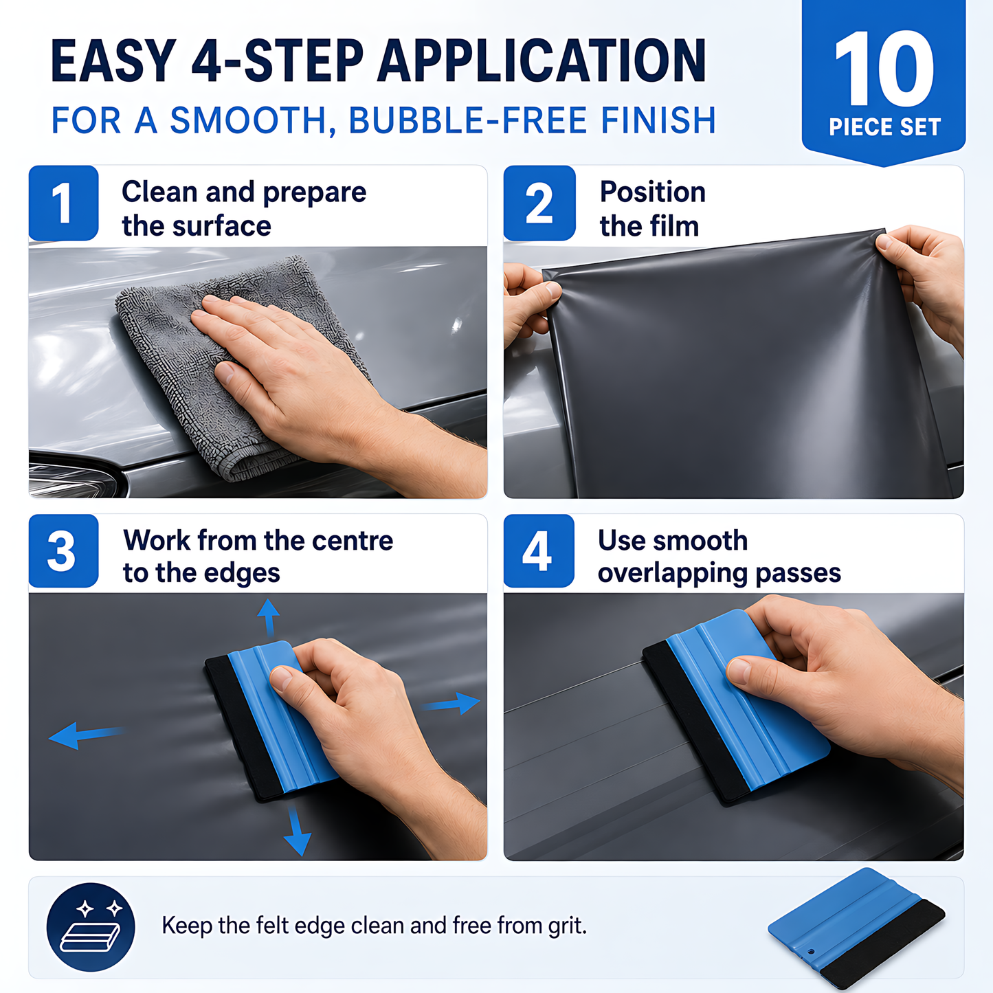 10 x Felt Edge Vinyl Wrap Squeegee 125 x 80mm for Car Decals, Window Film, Vinyl Wraps, Graphics and Stickers Applicator