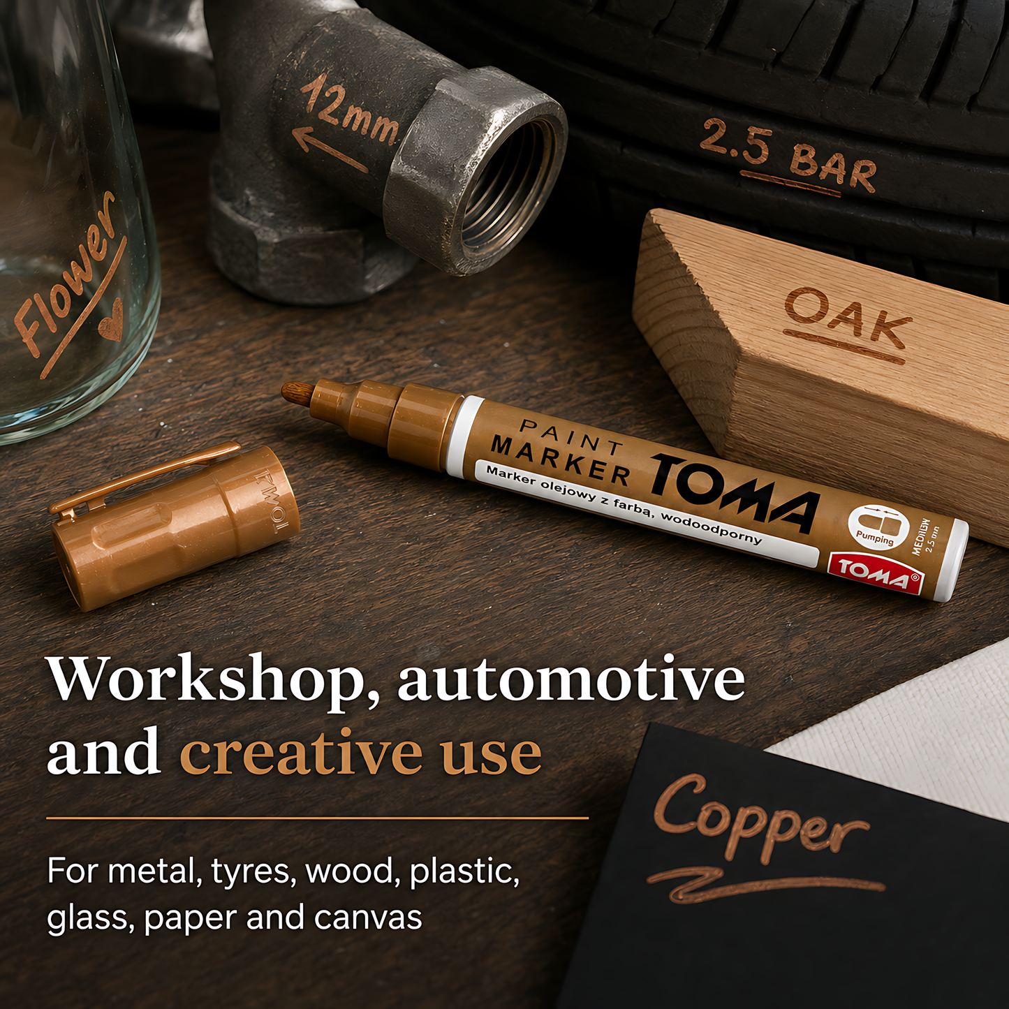 Copper Permanent Marker Pen - Oil-Based Paint - 2.5mm Round Tip, Fast-Drying Waterproof Ink - Universal for All Surfaces
