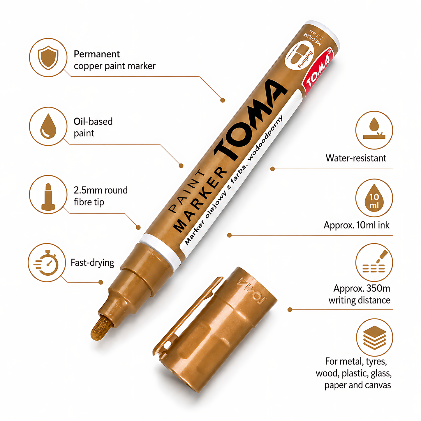 Copper Permanent Marker Pen - Oil-Based Paint - 2.5mm Round Tip, Fast-Drying Waterproof Ink - Universal for All Surfaces