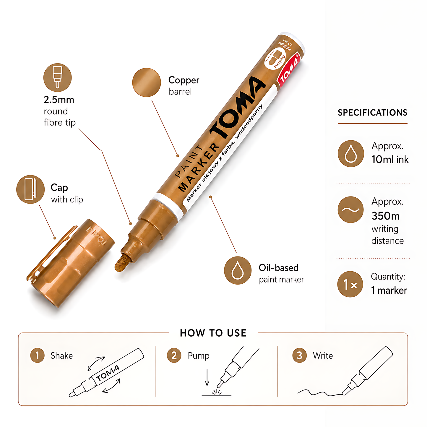 Copper Permanent Marker Pen - Oil-Based Paint - 2.5mm Round Tip, Fast-Drying Waterproof Ink - Universal for All Surfaces