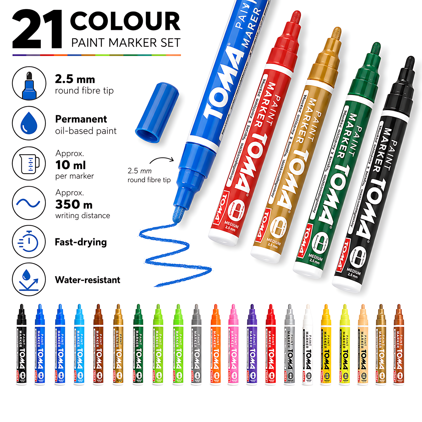 21 Colours Set of Oil-Based Paint Marker Pens Permanent - 2.5mm Round Tip, Fast-Drying Waterproof Ink - Universal for All Surfaces