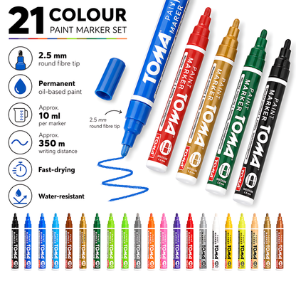 21 Colours Set of Oil-Based Paint Marker Pens Permanent - 2.5mm Round Tip, Fast-Drying Waterproof Ink - Universal for All Surfaces