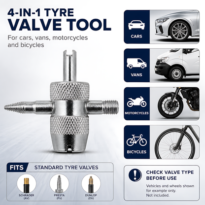 4-in-1 Tyre Valve Tool for Cars & Bikes, Core Remover, Thread Repair - Valve Stem Cleaning, Internal & External Thread Chasing