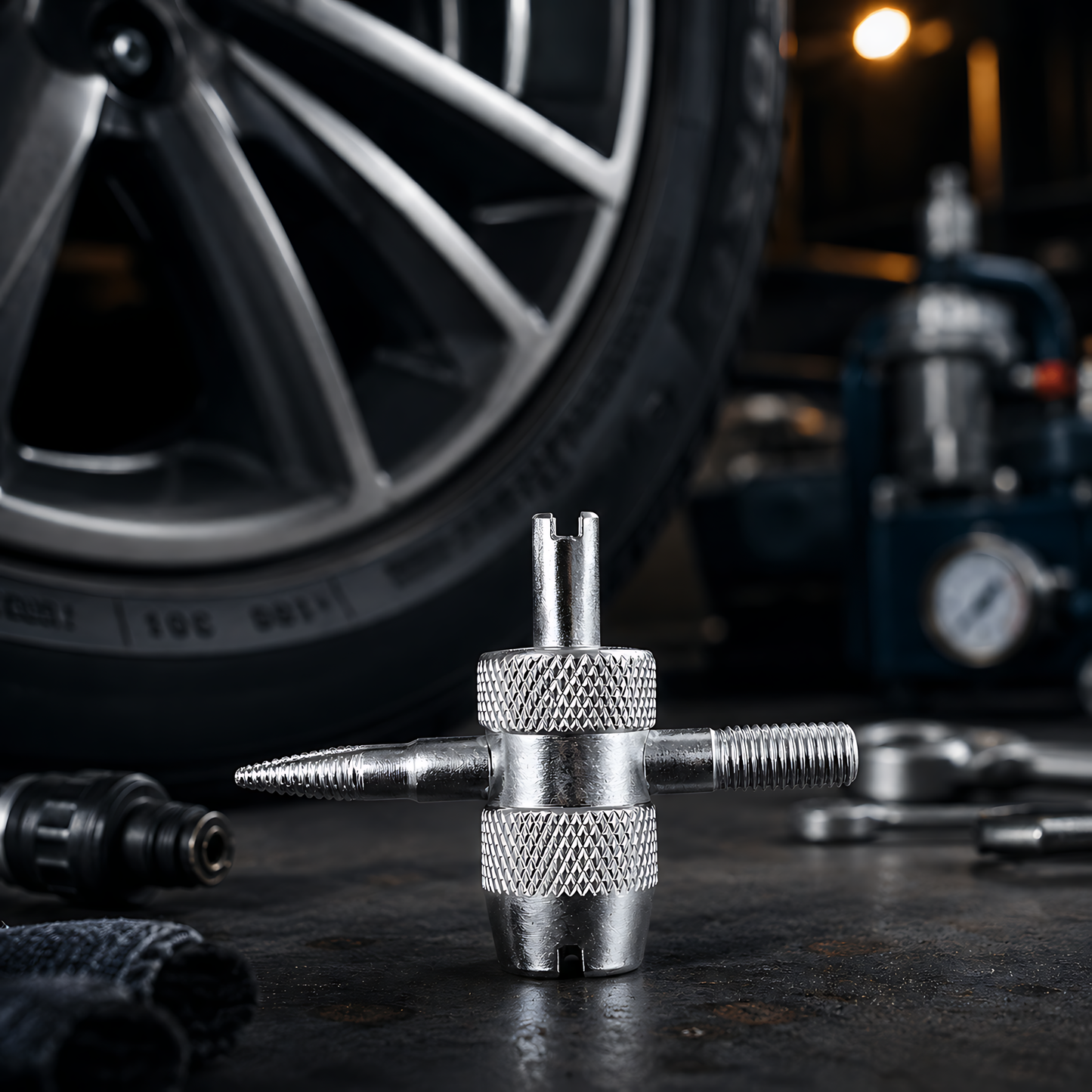 4-in-1 Tyre Valve Tool for Cars & Bikes, Core Remover, Thread Repair - Valve Stem Cleaning, Internal & External Thread Chasing