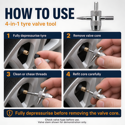 4-in-1 Tyre Valve Tool for Cars & Bikes, Core Remover, Thread Repair - Valve Stem Cleaning, Internal & External Thread Chasing