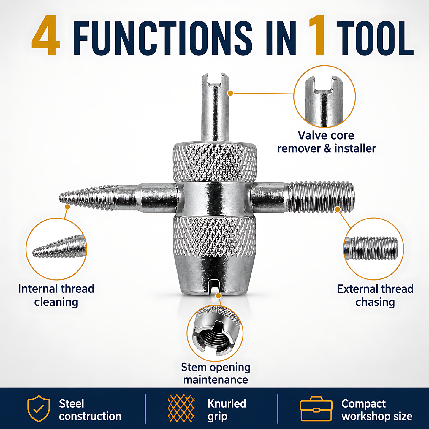 4-in-1 Tyre Valve Tool for Cars & Bikes, Core Remover, Thread Repair - Valve Stem Cleaning, Internal & External Thread Chasing