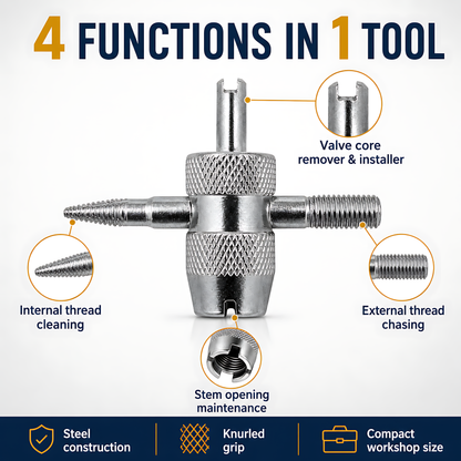 4-in-1 Tyre Valve Tool for Cars & Bikes, Core Remover, Thread Repair - Valve Stem Cleaning, Internal & External Thread Chasing