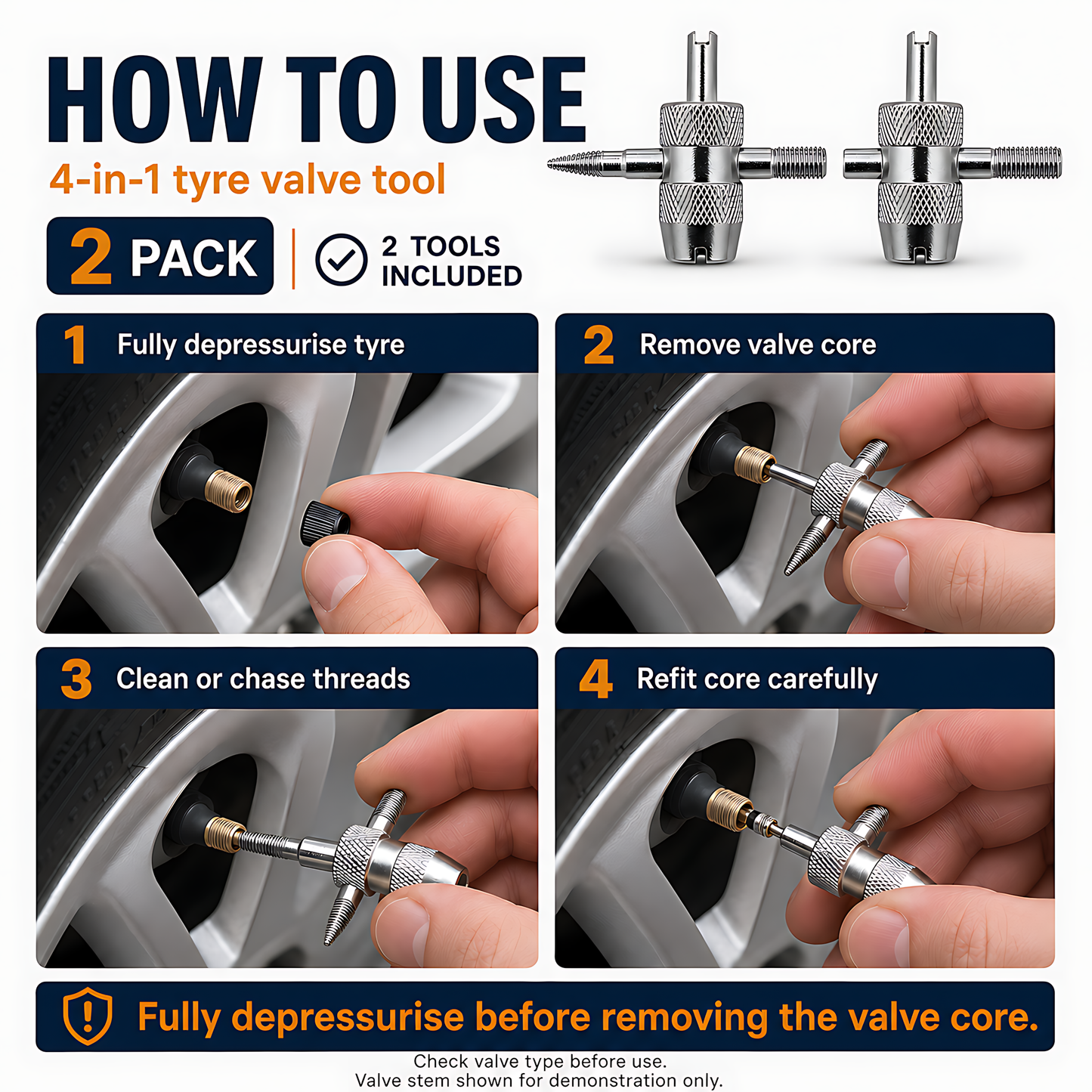 2 x 4-in-1 Tyre Valve Tool for Cars & Bikes, Core Remover, Thread Repair - Valve Stem Cleaning, Internal & External Thread Chasing