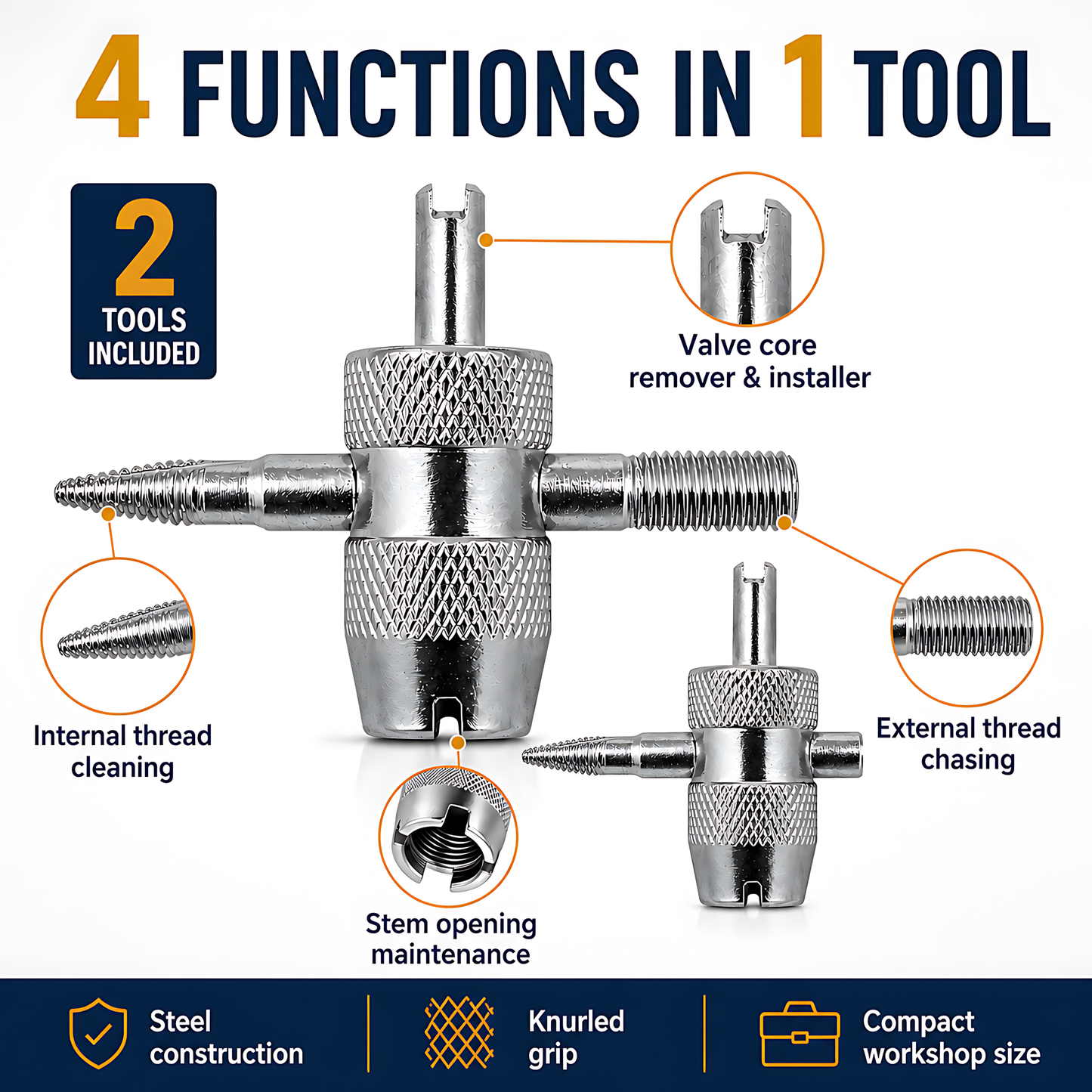 2 x 4-in-1 Tyre Valve Tool for Cars & Bikes, Core Remover, Thread Repair - Valve Stem Cleaning, Internal & External Thread Chasing