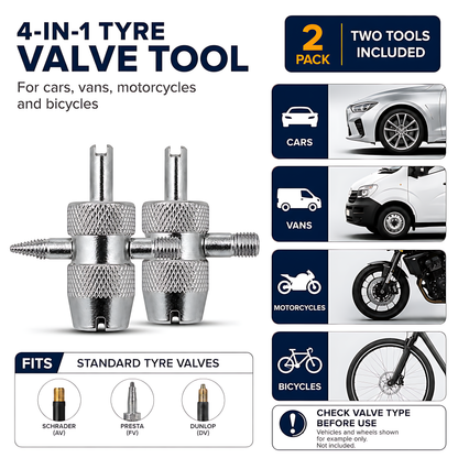 2 x 4-in-1 Tyre Valve Tool for Cars & Bikes, Core Remover, Thread Repair - Valve Stem Cleaning, Internal & External Thread Chasing