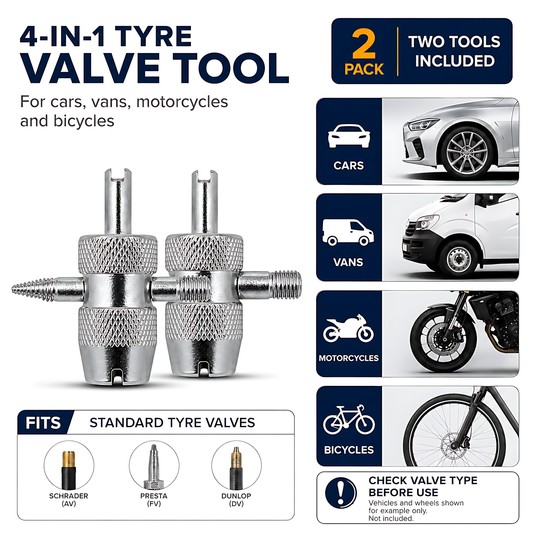 2 x 4-in-1 Tyre Valve Tool for Cars & Bikes, Core Remover, Thread Repair - Valve Stem Cleaning, Internal & External Thread Chasing