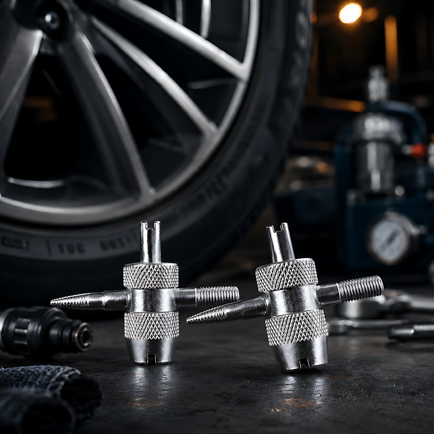 2 x 4-in-1 Tyre Valve Tool for Cars & Bikes, Core Remover, Thread Repair - Valve Stem Cleaning, Internal & External Thread Chasing