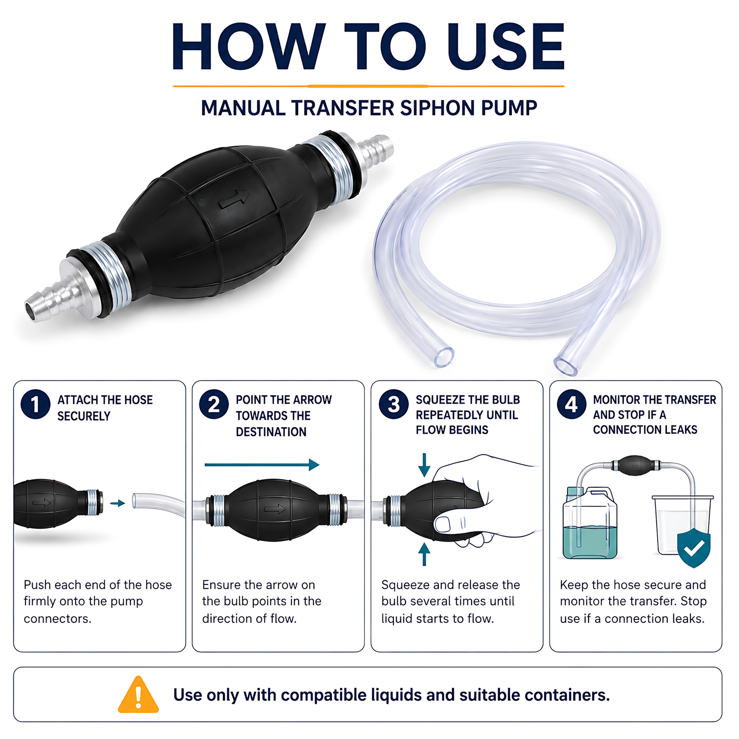 Manual Petrol and Diesel Transfer Siphon Pump with 90cm Hose, One-Way Valve - Fuel Line Priming, Vehicle and Jerry Can Transfer