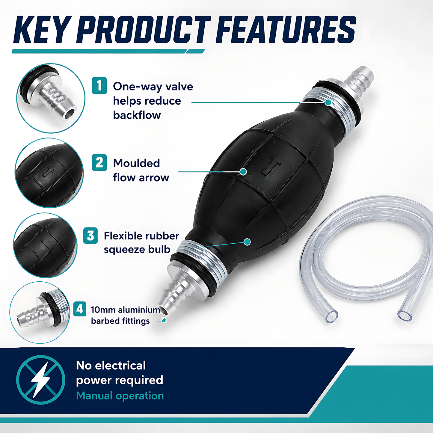Manual Petrol and Diesel Transfer Siphon Pump with 90cm Hose, One-Way Valve - Fuel Line Priming, Vehicle and Jerry Can Transfer