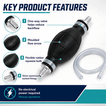 Manual Petrol and Diesel Transfer Siphon Pump with 90cm Hose, One-Way Valve - Fuel Line Priming, Vehicle and Jerry Can Transfer