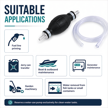 Manual Petrol and Diesel Transfer Siphon Pump with 90cm Hose, One-Way Valve - Fuel Line Priming, Vehicle and Jerry Can Transfer