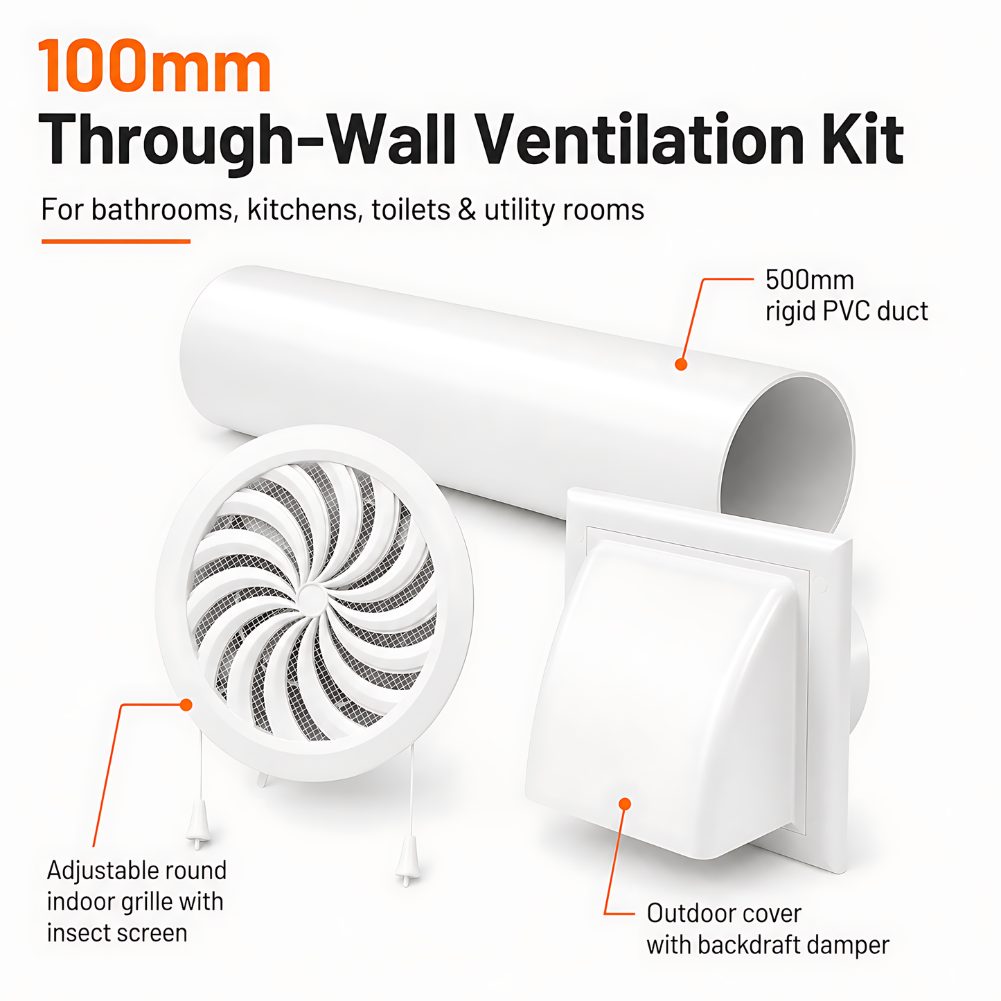 100mm Through-Wall Ventilation Kit with 500mm Duct and Adjustable Grille for Bathrooms, Kitchens, Toilets and Utility Rooms
