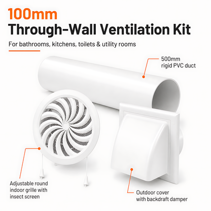 100mm Through-Wall Ventilation Kit with 500mm Duct and Adjustable Grille for Bathrooms, Kitchens, Toilets and Utility Rooms
