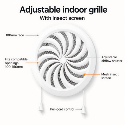 100mm Through-Wall Ventilation Kit with 500mm Duct and Adjustable Grille for Bathrooms, Kitchens, Toilets and Utility Rooms