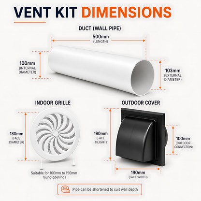 100mm Wall Vent Kit with 500mm Duct, Adjustable Grille & Exterior Cover for Bathrooms, Kitchens, Toilets, Utility Rooms