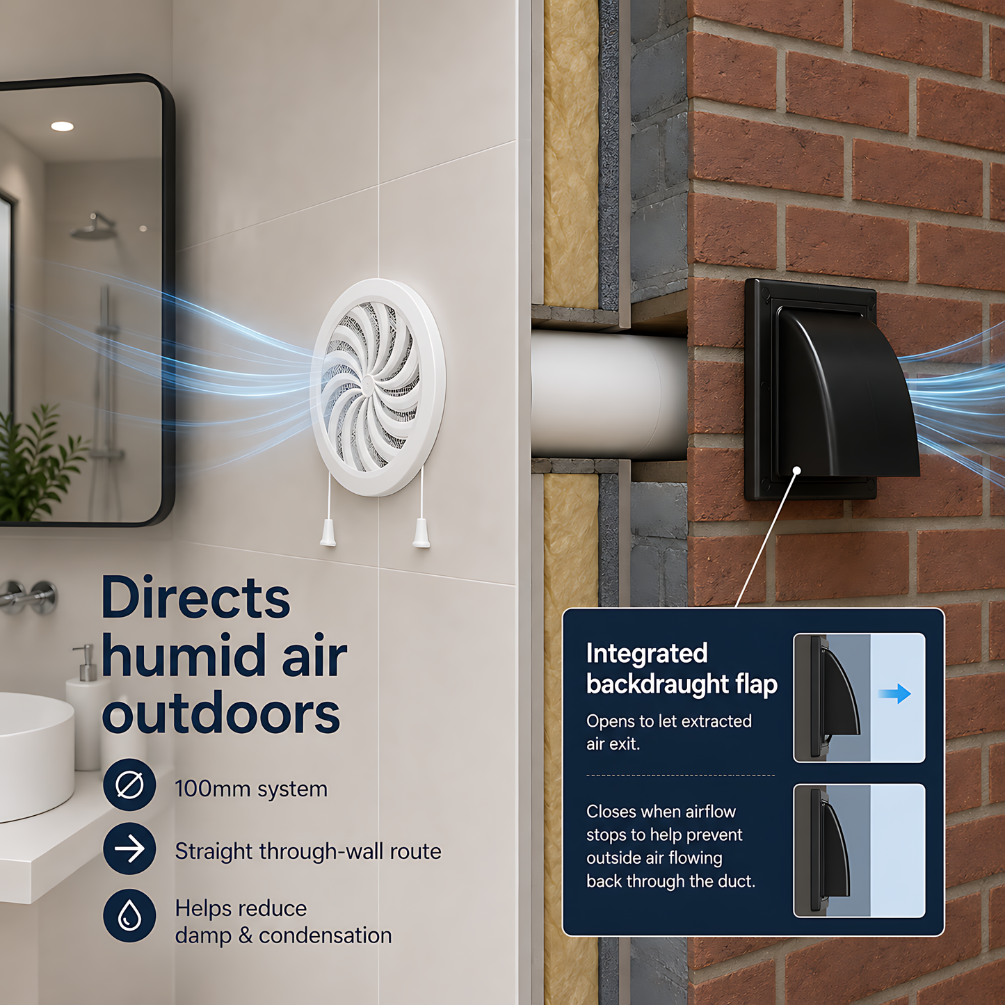 100mm Wall Vent Kit with 500mm Duct, Adjustable Grille & Exterior Cover for Bathrooms, Kitchens, Toilets, Utility Rooms
