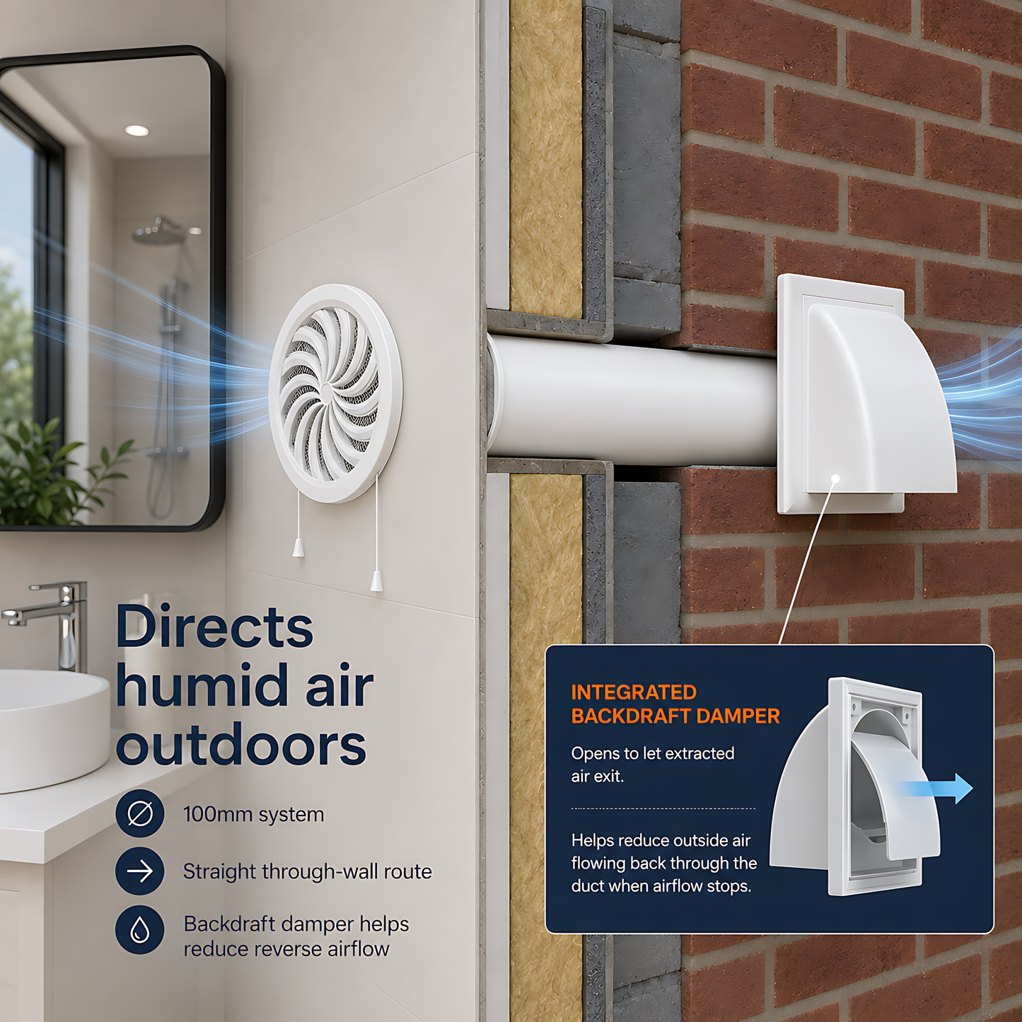 100mm Through-Wall Ventilation Kit with 500mm Duct and Adjustable Grille for Bathrooms, Kitchens, Toilets and Utility Rooms