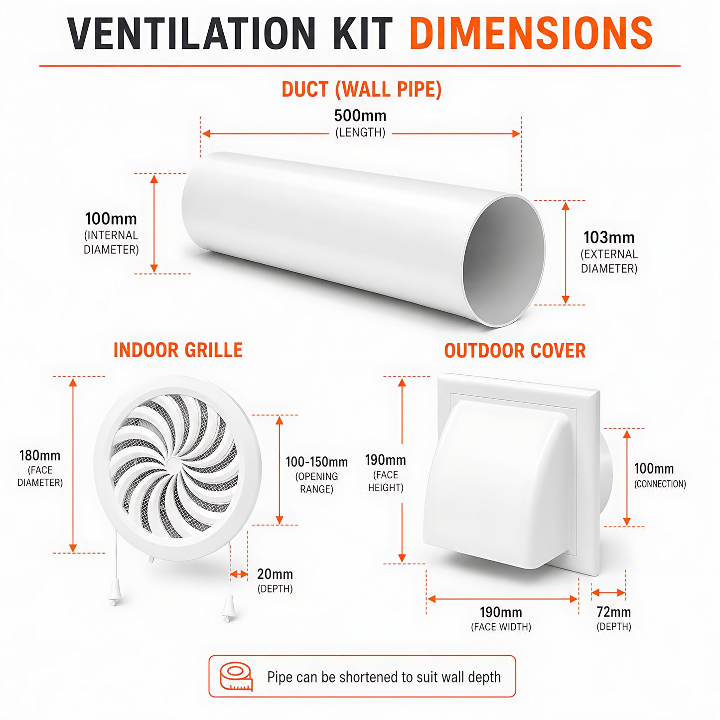 100mm Through-Wall Ventilation Kit with 500mm Duct and Adjustable Grille for Bathrooms, Kitchens, Toilets and Utility Rooms