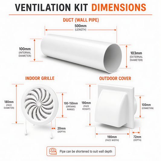 100mm Through-Wall Ventilation Kit with 500mm Duct and Adjustable Grille for Bathrooms, Kitchens, Toilets and Utility Rooms