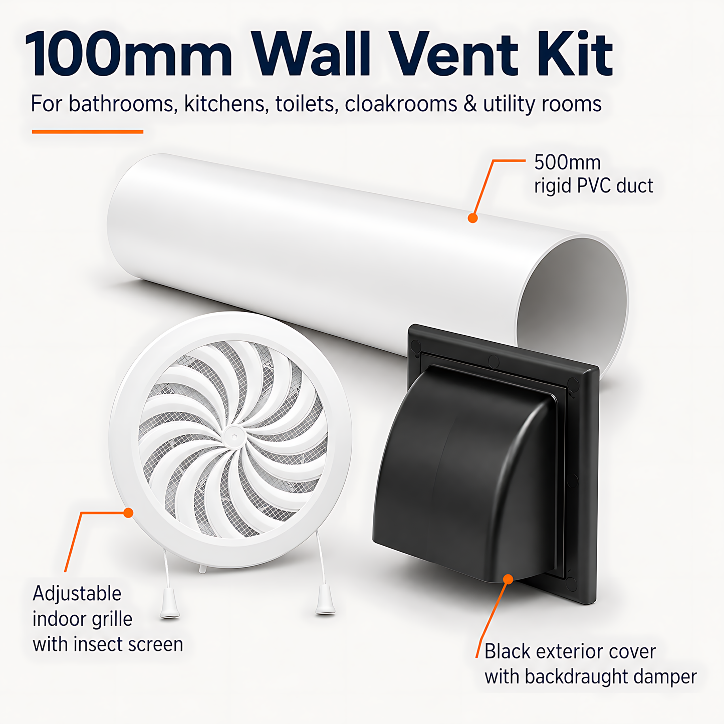 100mm Wall Vent Kit with 500mm Duct, Adjustable Grille & Exterior Cover for Bathrooms, Kitchens, Toilets, Utility Rooms