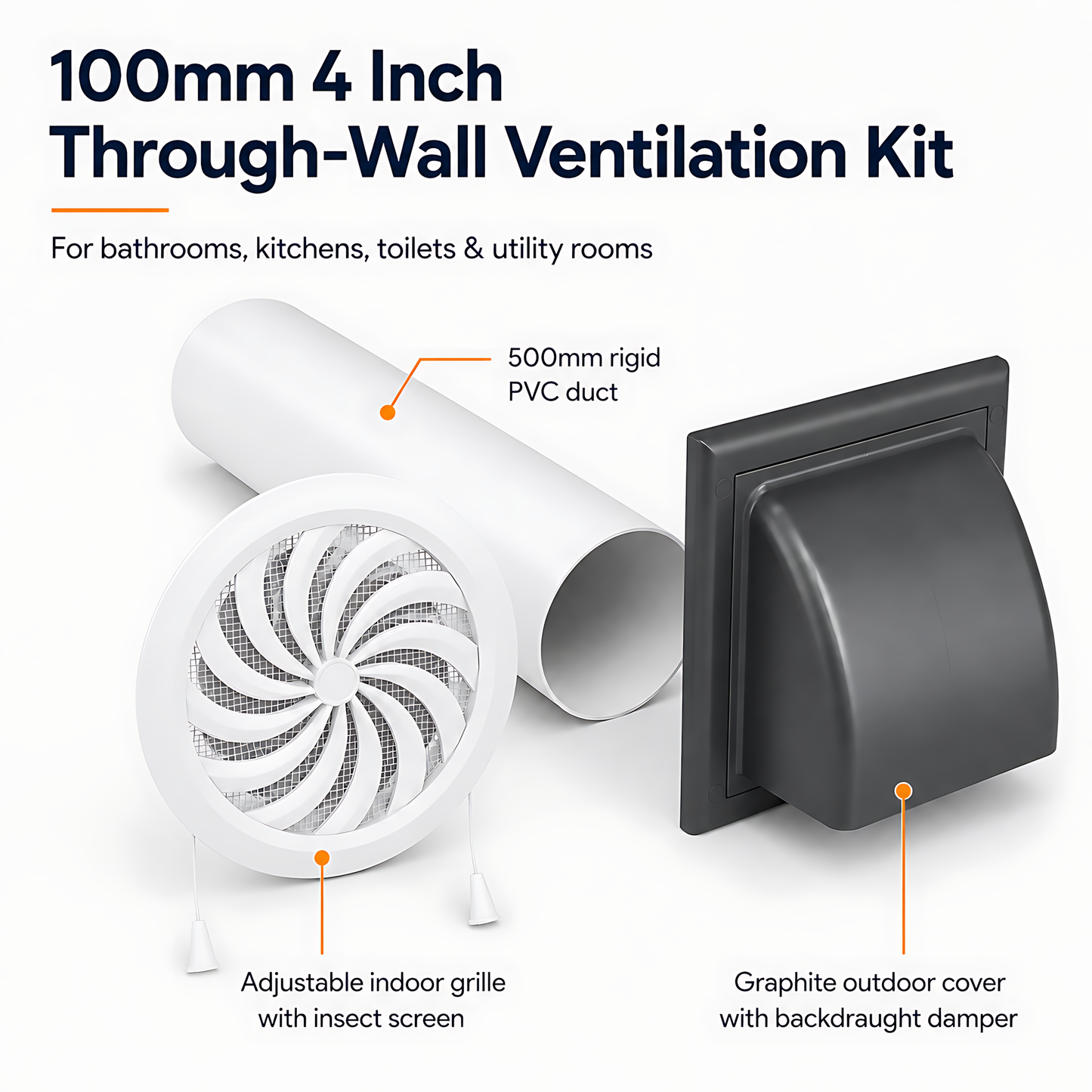 100mm 4 Inch Wall Vent Kit with 500mm Duct, Grille and Graphite Cover for Bathrooms, Kitchens, Toilets and Utility Rooms