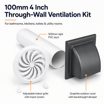 100mm 4 Inch Wall Vent Kit with 500mm Duct, Grille and Graphite Cover for Bathrooms, Kitchens, Toilets and Utility Rooms