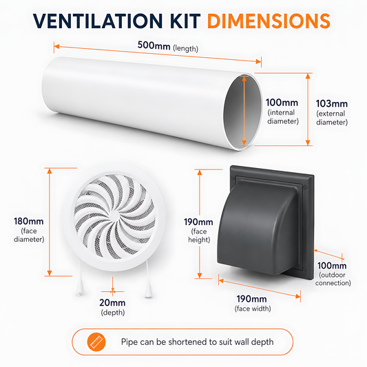 100mm 4 Inch Wall Vent Kit with 500mm Duct, Grille and Graphite Cover for Bathrooms, Kitchens, Toilets and Utility Rooms